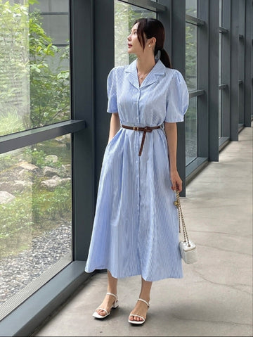Mayning Collar Puff Stripe Shirt One Piece (Belt Set)